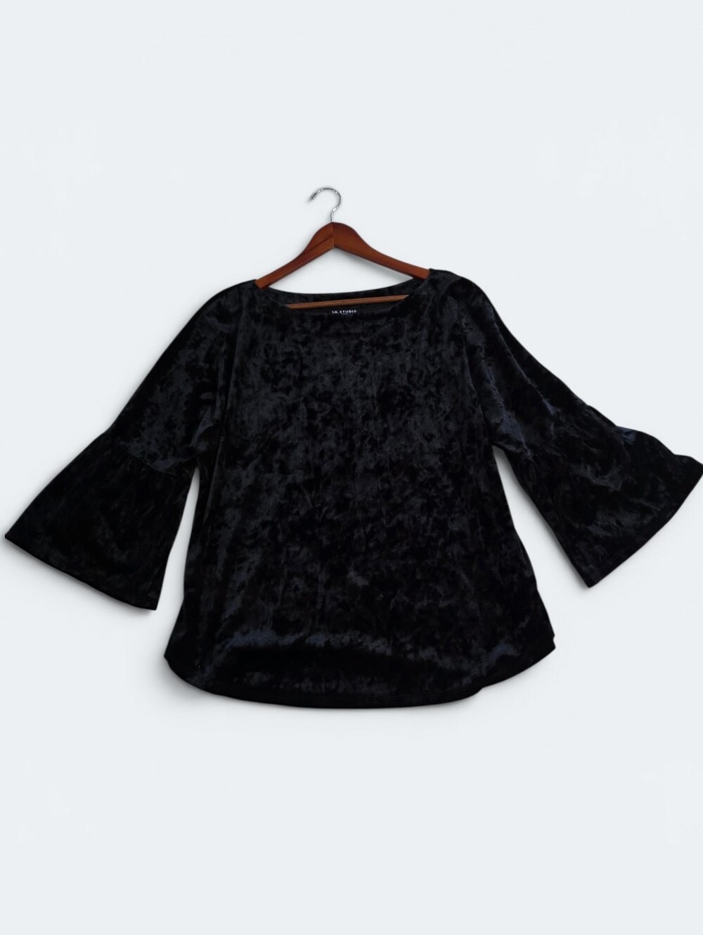 I.N. Studio Black Crushed Velvet Bell Sleeve Blouse Top Size PXL Whimsigoth
